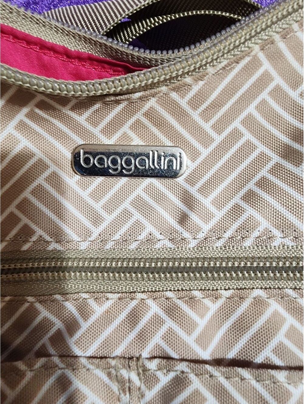 Baggallini Beige Crossbody Shoulder Bag with Pink Interior and Adjustable Strap
